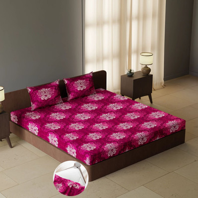 CARLTON LONDON 104 TC Cotton Queen Geometric Fitted (Elastic) Bedsheet(Pack of 1, Multicolor63)
