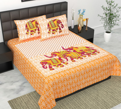 Indian Royal Fashion Cotton Double Flat 144 TC Jaipuri Prints Bedsheet(Pack of 1, Yellow)