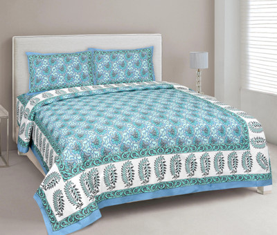 JAIPUR FABRIC Cotton Double Flat 180 TC Printed Bedsheet(Pack of 1, Light Blue)