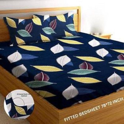 Hss fab Cotton Blend Double Fitted (Elastic) 180 TC Printed Bedsheet(Pack of 1, Blue)