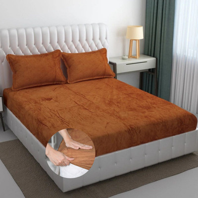 Apala Woolen Double, King Fitted (Elastic) 350 TC Solid Bedsheet(Pack of 1, Brown)