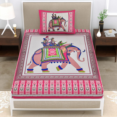 ABHACLOTHO Cotton Single Flat 144 TC Jaipuri Prints Bedsheet(Pack of 1, Pink)