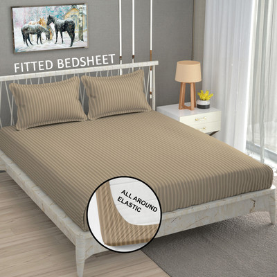 Homefab India Cotton King Fitted (Elastic) 140 TC Striped Bedsheet(Pack of 1, Beige)