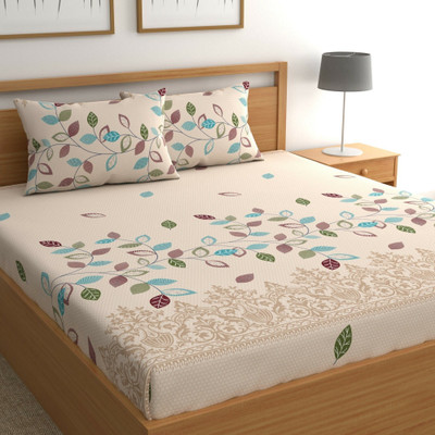 CG Homes Cotton Double Flat 180 TC Printed 1 Bedsheet with 2 Pillow Covers(BEIGE MULTI)