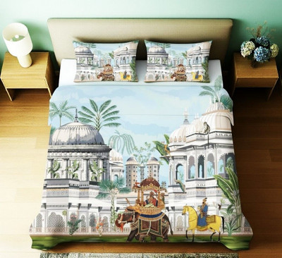 Home Sizzler Microfiber Double Flat 300 TC Printed Bedsheet(Pack of 1, DN4174: Mint Royal)