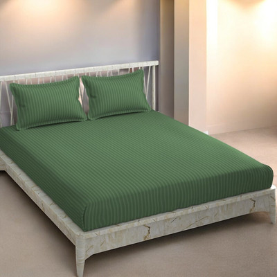 HOMYBEES Cotton Double Fitted (Elastic) 300 TC Striped Bedsheet(Pack of 1, Green)