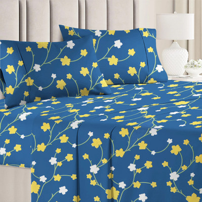 VAS COLLECTIONS Microfiber Double Flat 144 TC Floral Bedsheet(Pack of 1, Sky-Blue)