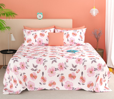 SANMARINO Cotton King Flat 220 TC Floral Bedsheet(Pack of 1, Pink, White)