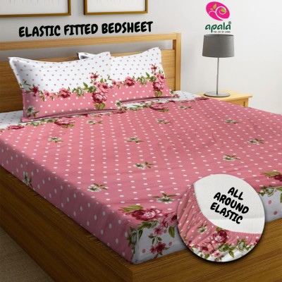 Apala 250 TC Polycotton Double Floral Fitted (Elastic) Bedsheet(Pack of 1, Pink)