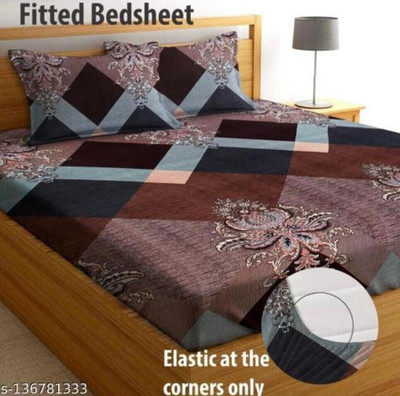 CRAFTS HUB 180 TC Microfiber Double Geometric Fitted (Elastic) Bedsheet(Pack of 1, Multicolor)