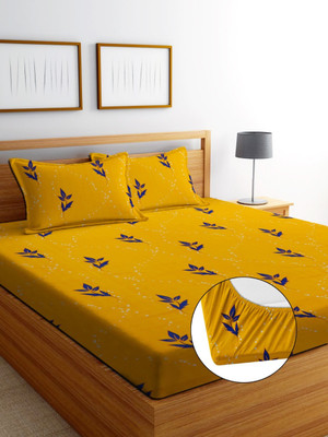 ALSTONIA 220 TC Microfiber King Abstract Fitted (Elastic) Bedsheet(Pack of 1, Yellow Leaf)