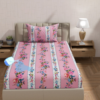 BLUEDOT Cotton, PVC Single Fitted (Elastic) 200 TC Floral Bedsheet(Pack of 1, Pink, Waterproof Cotton Bedsheet Singe Size | Mattress Protector |)