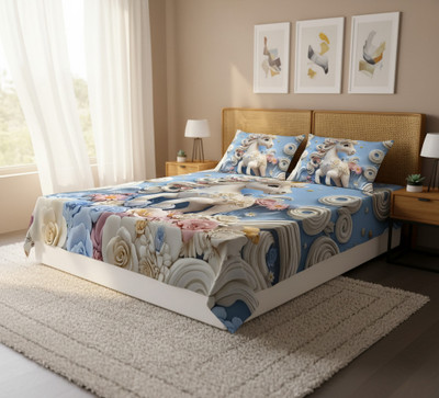 CSC Cotton Queen Flat 300 TC Animal Bedsheet(Pack of 1, Blue)