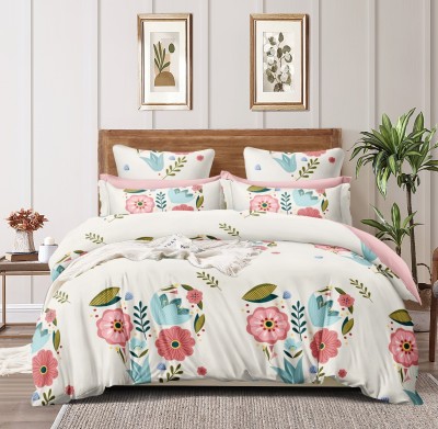 DECOR2ADMIRE 300 TC Cotton Queen Printed Flat Bedsheet(Pack of 1, White Minimal Floral)