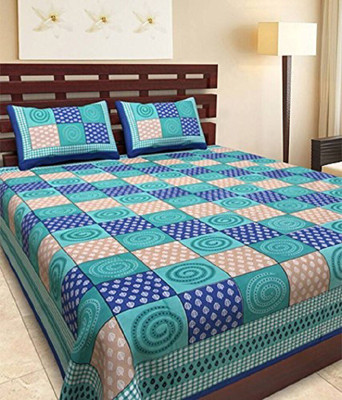 RAJDEVI JAIPUR PRINTS 351 TC Cotton Double, King Printed Fitted & Flat Bedsheet(Pack of 1, Blue)