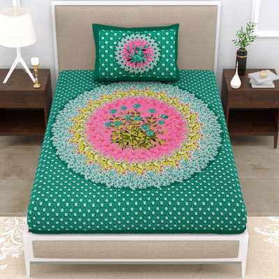 Cosito 144 TC Cotton Single Jaipuri Prints Flat Bedsheet(Pack of 1, Green)