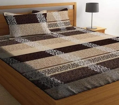 VIANSH 200 TC Cotton Double 3D Printed Fitted (Elastic) Bedsheet(Pack of 1, Multicolor)