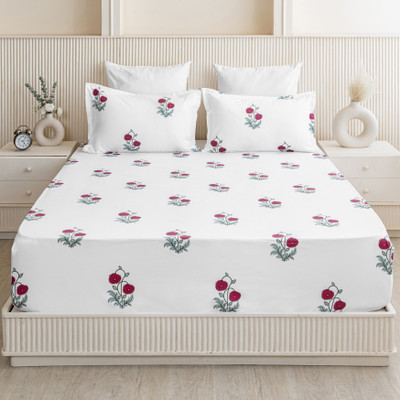 HOMEMONDE Cotton Single Fitted (Elastic) 210 TC Printed Bedsheet(Pack of 1, Red Rose)