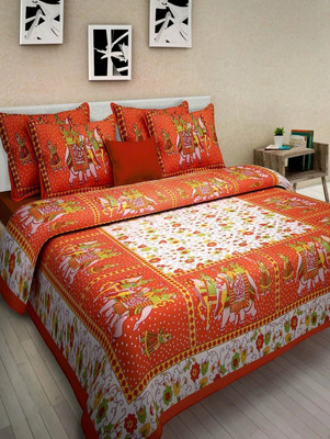 KKS Collections Cotton Double, King Flat 200 TC Jaipuri Prints Bedsheet(Pack of 1, Orange , White , Yellow , Green)