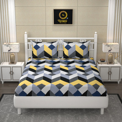GLORIES 210 TC Cotton King Geometric Fitted (Elastic) Bedsheet(Pack of 1, Blue)