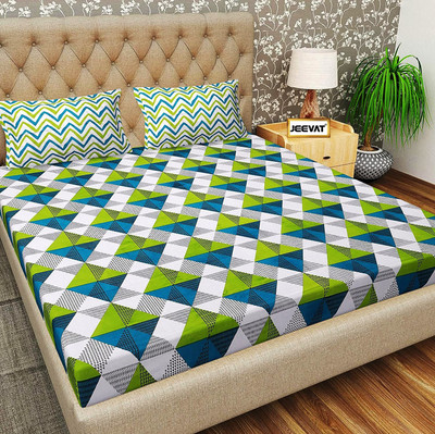 Rajasthani Jaipuri Traditional Print Cotton Double Flat 144 TC Printed Bedsheet(Pack of 1, Green)