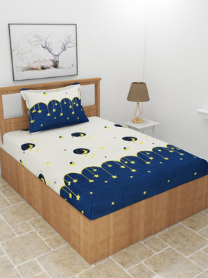 BREVARD 210 TC Polycotton Single Printed Flat Bedsheet(Pack of 1, White Blue)