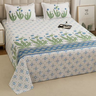 Story@home Cotton King Flat 240 TC Printed Bedsheet(Pack of 1, White, Sky Blue)