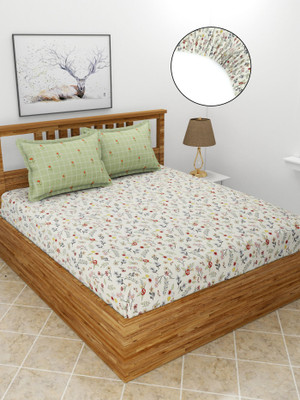 BREVARD Polycotton King Fitted (Elastic) 210 TC Printed Bedsheet(Pack of 1, Offwhite)