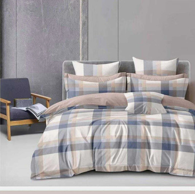 parth 300 TC Cotton Double Checkered Flat Bedsheet(Pack of 1, Blue, Beige)