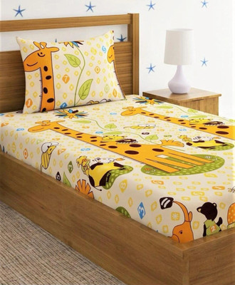 Rumps 350 TC Cotton Single Printed Fitted (Elastic) Bedsheet(Pack of 1, grifa)