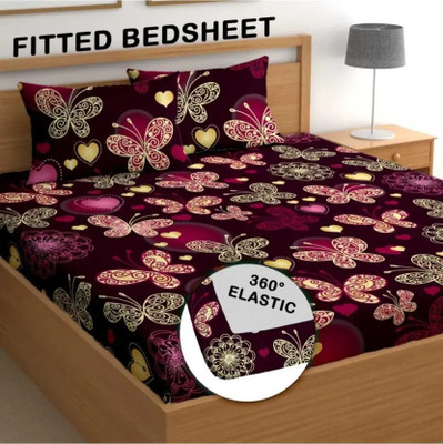 RisingStar 250 TC Cotton Double Printed Fitted (Elastic) Bedsheet(Pack of 1, Red Maroon)