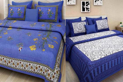 KANDY SHOP Cotton Queen Flat 240 TC Jaipuri Prints Bedsheet(Pack of 2, dark blue-blue)