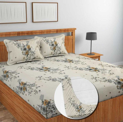 DWORTH Cotton King Fitted (Elastic) 250 TC Floral Bedsheet(Pack of 1, White & Grey)