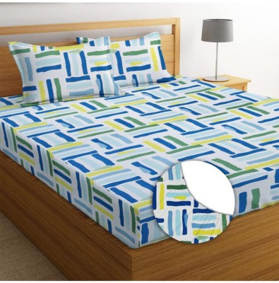 Aparna 240 TC Polycotton Double 3D Printed Fitted (Elastic) Bedsheet(Pack of 1, Blue, Yellow)