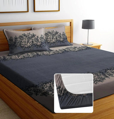 NIDIF Polycotton Double, King Fitted (Elastic) 300 TC Floral Bedsheet(Pack of 1, Coffee)