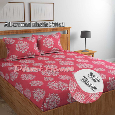 Decent Home Cotton Double Fitted (Elastic) 240 TC Floral Bedsheet(Pack of 1, Pink)