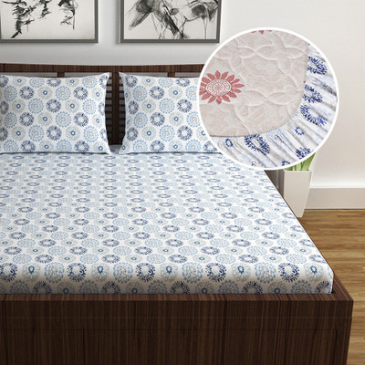 Divine Casa 144 TC Cotton Double Floral Fitted (Elastic) Bedsheet(Pack of 1, Blue)