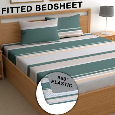 CG Homes 210 TC Microfiber King Printed Fitted (Elastic) Bedsheet(Pack of 1, Green)