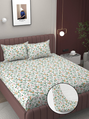 BROMWICK 220 TC Cotton King Abstract Fitted (Elastic) Bedsheet(Pack of 1, Green)