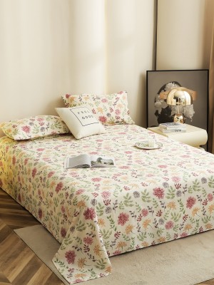 Story@home 300 TC Satin King Floral Flat Bedsheet(Pack of 1, Off White & Pink)