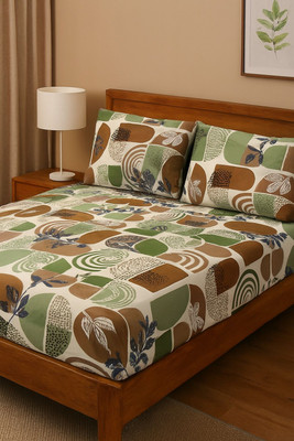 parth international Cotton Blend Double Fitted (Elastic) 300 TC Abstract Bedsheet(Pack of 1, Beige, Green, Brown)