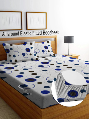 RisingStar Cotton King Fitted (Elastic) 350 TC Striped Bedsheet(Pack of 1, Fitted bedsheet- White Circle blue)