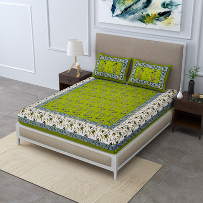 Poorak 104 TC Cotton Double Jaipuri Prints Flat Bedsheet(Pack of 1, Green)