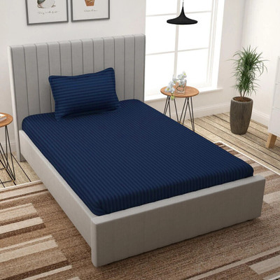roman Cotton Single Flat 300 TC Striped Bedsheet(Pack of 1, NAVY)