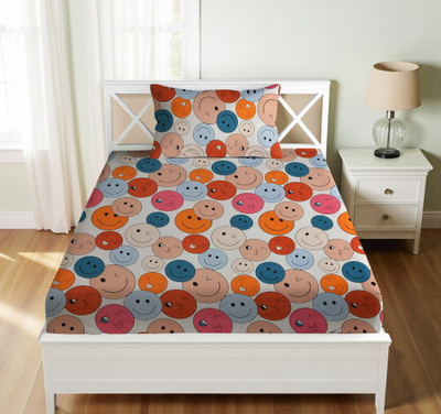 Vishal international Cotton Single Flat 220 TC Floral Bedsheet(Pack of 1, Orange Multi Emoji)
