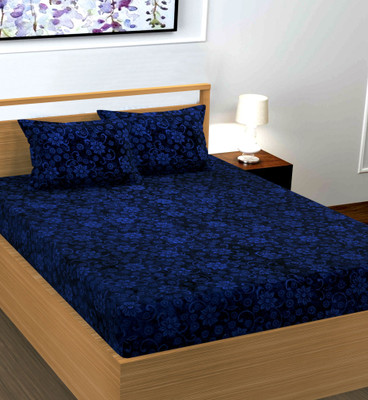 RIBUGROUP Velvet Double Fitted (Elastic) 300 TC Solid Bedsheet(Pack of 1, Blue)