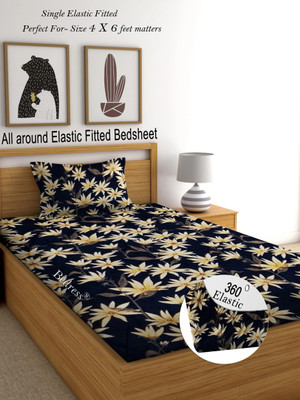 Bedress Cotton Single Fitted (Elastic) 300 TC Striped Bedsheet(Pack of 1, FITTED-BLACK, GOLDEN LEAF)