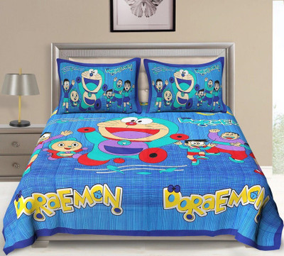PETROSOLY Cotton Queen Flat 144 TC Cartoon Bedsheet(Pack of 1, Blue)