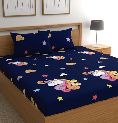 CHHAVI INDIA Microfiber Double Flat 210 TC Printed Bedsheet(Pack of 1, BLUE UNICORN)