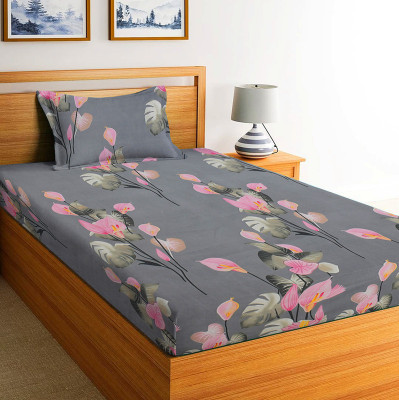 VAS COLLECTIONS Microfiber Single Flat 160 TC Floral Bedsheet(Pack of 1, GREY-PINK)